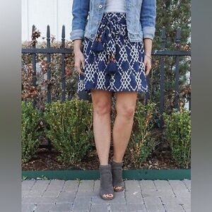 Anthropologie Rimbaud Tie-Waist Navy Ikat Mini Skirt Small Boho Hippie Tassels